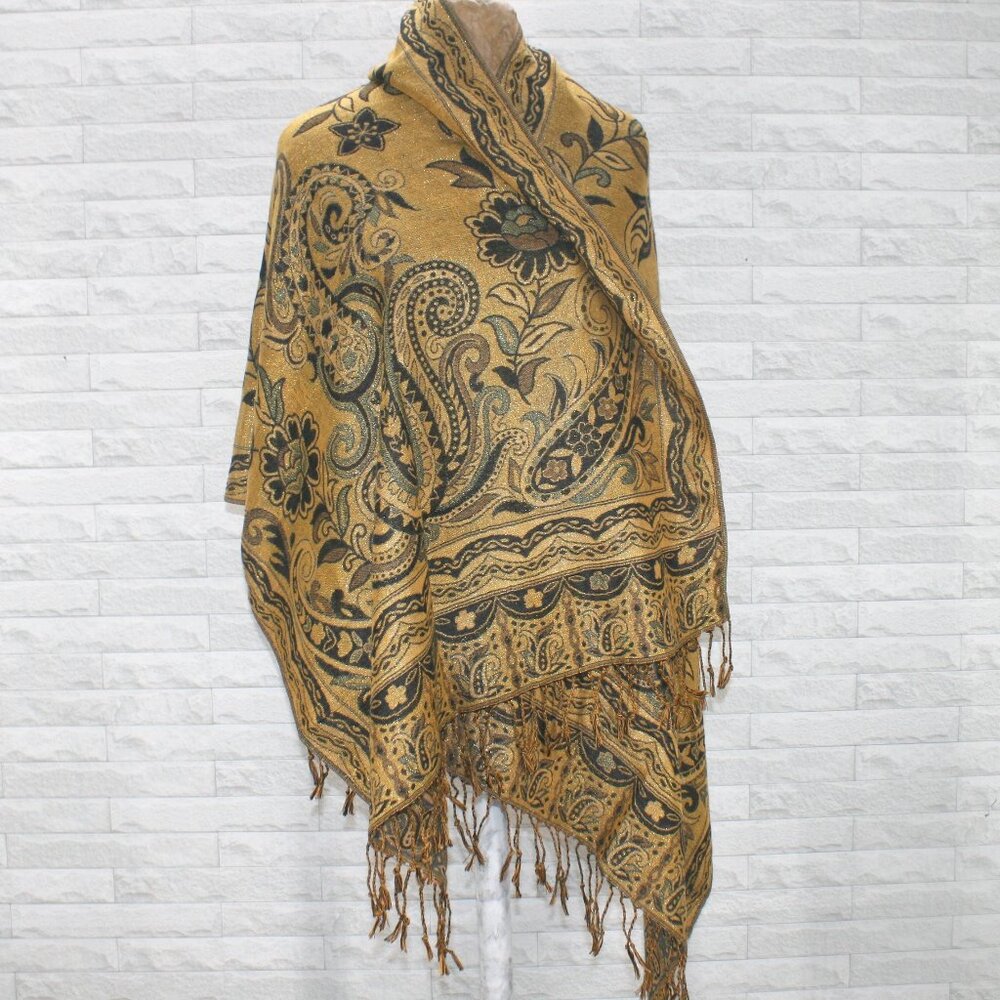 BLANKET SCARF Floral Paisley Reversible Gold Metallic Wide Wrap Fall Accessory